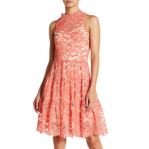 Sleeveless Lace Cocktail Dress Mock Neck Coral